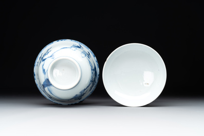 A Chinese blue and white 'figures and a phoenix' tea bowl and cover, Yongzheng
