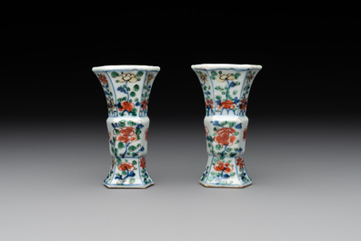A rare Chinese famille verte garniture of five miniature vases with floral design, Kangxi