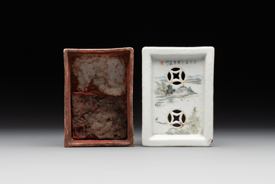 A collection of six Chinese blue and white, famille rose and verte wares, Kangxi and Tongzhi mark, 19/20th C.