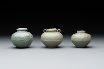 Six Chinese Longquan celadon jarlets with incised floral design, Yuan/Ming