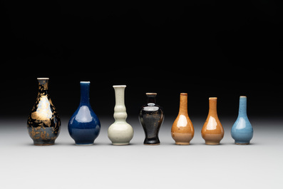 Seven various Chinese monochrome miniature vases, Kangxi/Qianlong