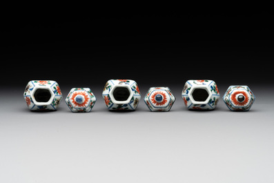 A rare Chinese famille verte garniture of five miniature vases with floral design, Kangxi