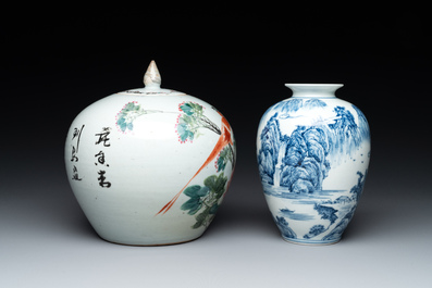 A collection of six Chinese blue and white, famille rose and verte wares, Kangxi and Tongzhi mark, 19/20th C.