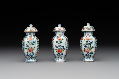 A rare Chinese famille verte garniture of five miniature vases with floral design, Kangxi