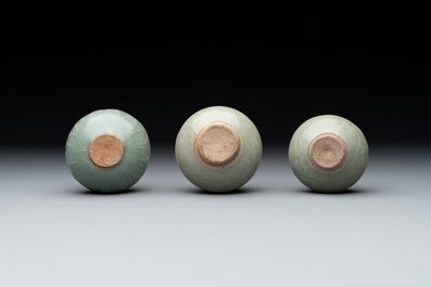 Six Chinese Longquan celadon jarlets with incised floral design, Yuan/Ming