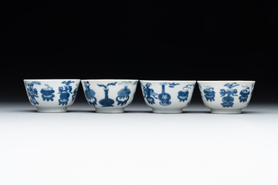 Seven Chinese blue and white cups and six saucers, Kangxi/Yongzheng