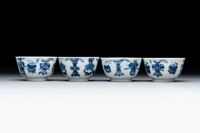 Seven Chinese blue and white cups and six saucers, Kangxi/Yongzheng