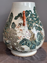 A large Chinese famille rose '100 deer' 'hu' vase, Qianlong mark, 19th C.