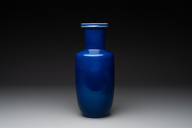 A Chinese monochrome powder blue rouleau vase, 19th C.