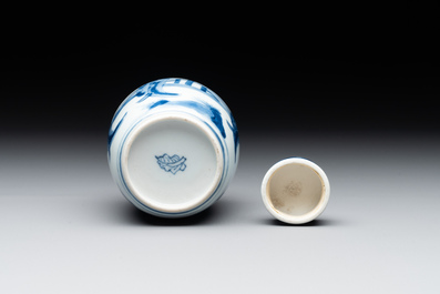 A Chinese blue and white 'Long Eliza' tea caddy and cover, artemisia leaf mark, Kangxi