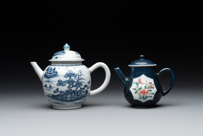 Four Chinese blue, white and famille rose teapots, Yongzheng/Qianlong