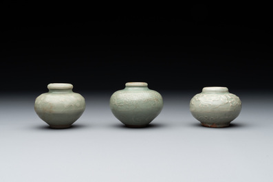 Six Chinese Longquan celadon jarlets with incised floral design, Yuan/Ming