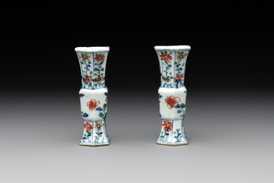 A rare Chinese famille verte garniture of five miniature vases with floral design, Kangxi