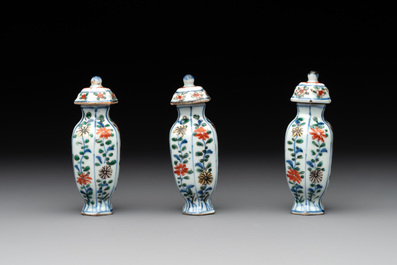 A rare Chinese famille verte garniture of five miniature vases with floral design, Kangxi