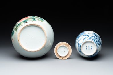 A collection of six Chinese blue and white, famille rose and verte wares, Kangxi and Tongzhi mark, 19/20th C.