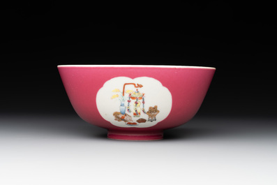 A Chinese famille rose ruby-ground 'antiquities' bowl, Jiang Xi Ci Ye Gong Si mark, Republic