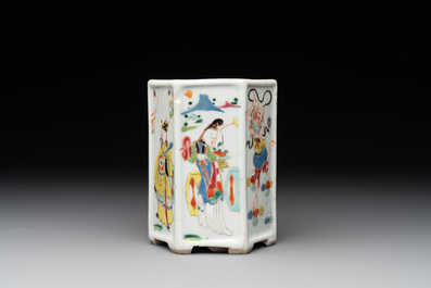 A Chinese hexagonal famille rose 'Du Zhan Ao Tou 獨占鰲頭' brush pot, Yongzheng
