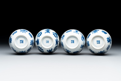 Seven Chinese blue and white cups and six saucers, Kangxi/Yongzheng