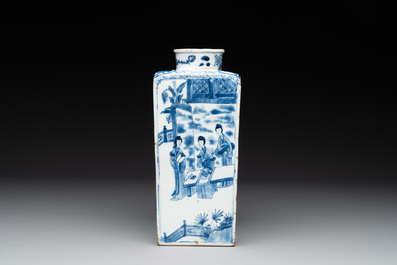 A Chinese blue and white square bottle with figural design, Kangxi