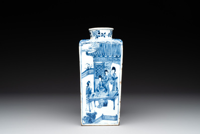 A Chinese blue and white square bottle with figural design, Kangxi
