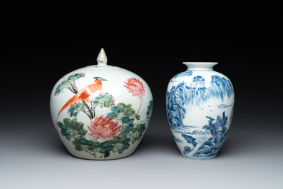 A collection of six Chinese blue and white, famille rose and verte wares, Kangxi and Tongzhi mark, 19/20th C.
