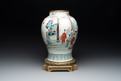 A Chinese famille rose gilt bronze mounted vase with figural design, Yongzheng