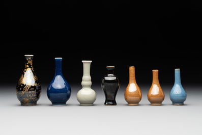 Seven various Chinese monochrome miniature vases, Kangxi/Qianlong