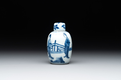 A Chinese blue and white 'Long Eliza' tea caddy and cover, artemisia leaf mark, Kangxi