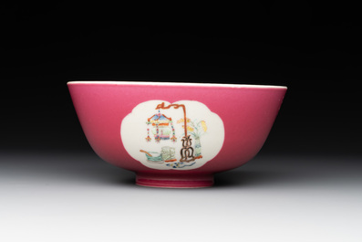 A Chinese famille rose ruby-ground 'antiquities' bowl, Jiang Xi Ci Ye Gong Si mark, Republic
