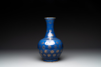 A Chinese gilt-decorated powder blue bottle vase, Guangxu mark and of the period