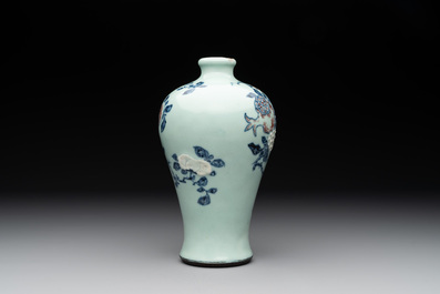 A rare Chinese blue, white and iron-red celadon-ground 'pomegranate' 'meiping' vase, Qianlong mark and of the period