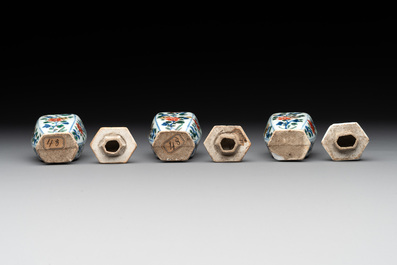 A rare Chinese famille verte garniture of five miniature vases with floral design, Kangxi