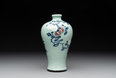 A rare Chinese blue, white and iron-red celadon-ground 'pomegranate' 'meiping' vase, Qianlong mark and of the period
