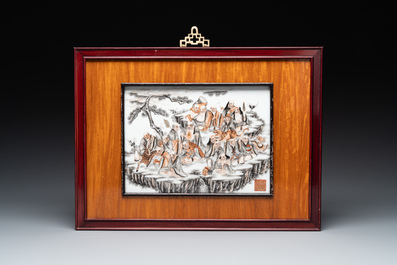 A varied collection of five Chinese famille rose, grisaille and iron-red porcelain, 20th C.