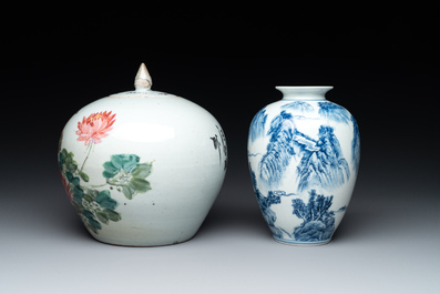 A collection of six Chinese blue and white, famille rose and verte wares, Kangxi and Tongzhi mark, 19/20th C.