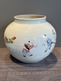 An extremely rare Chinese famille rose globular 'lady and boys' jar, Yongzheng