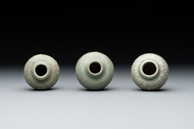 Six Chinese Longquan celadon jarlets with incised floral design, Yuan/Ming