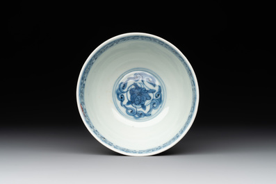 A Chinese iron-red, blue and white 'kinrande' bowl for the Japanese market, Ming