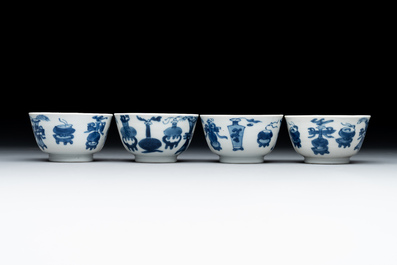 Seven Chinese blue and white cups and six saucers, Kangxi/Yongzheng