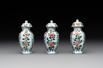 A rare Chinese famille verte garniture of five miniature vases with floral design, Kangxi