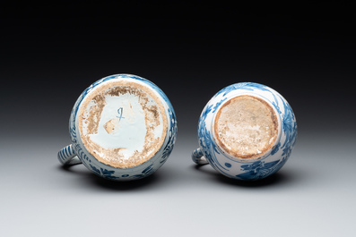 Two Dutch Delft blue and white jugs with pewter lids, 17/18th C.