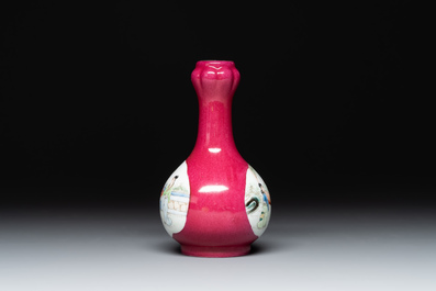 A varied collection of five Chinese famille rose, grisaille and iron-red porcelain, 20th C.