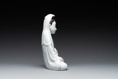 Two Chinese white-glazed Bodhisattva, a sancai-glazed duck and a turquoise-glazed lion, 20th C.