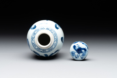 A Chinese blue and white 'Long Eliza' tea caddy and cover, artemisia leaf mark, Kangxi
