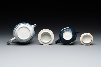 Four Chinese blue, white and famille rose teapots, Yongzheng/Qianlong
