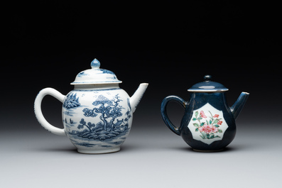 Four Chinese blue, white and famille rose teapots, Yongzheng/Qianlong
