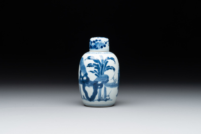 A Chinese blue and white 'Long Eliza' tea caddy and cover, artemisia leaf mark, Kangxi