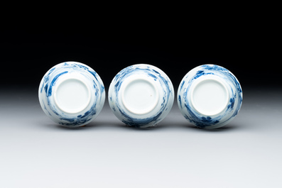 Seven Chinese blue and white cups and six saucers, Kangxi/Yongzheng