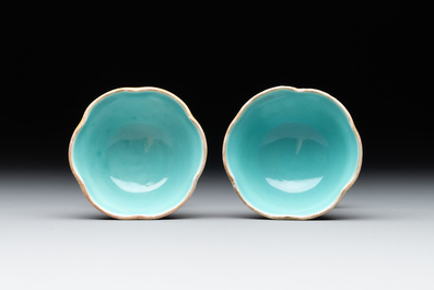 A pair of rare Chinese famille rose lotus-shaped stem cups, Yongzheng