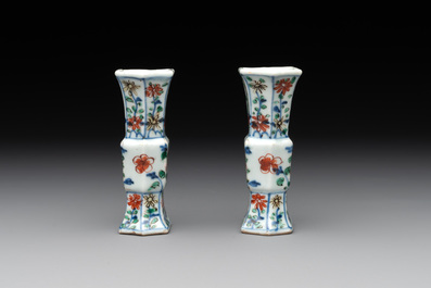 A rare Chinese famille verte garniture of five miniature vases with floral design, Kangxi